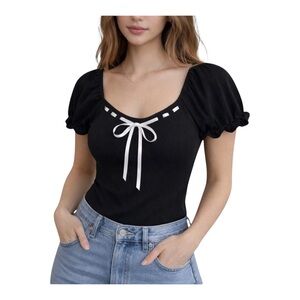 Frankie & Skylarr Black Puff Sleeve Ribbed Top with Bow Large